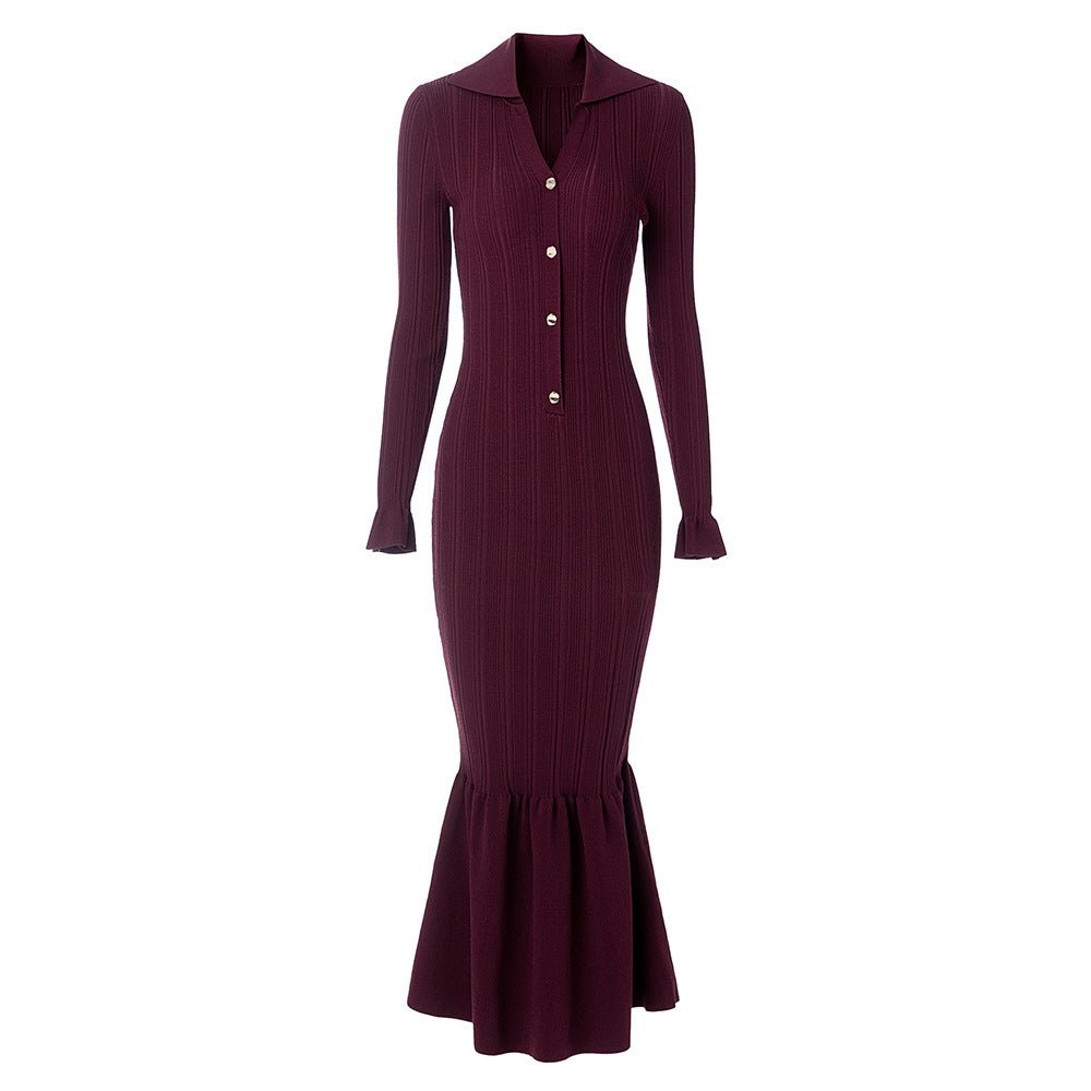 Annie Dress - Fitted Silhouette With Flared Hem - Ribbed Texture With Button Details - Bodycon Fit With Long Sleeves - Vintage - Inspired Chic Style