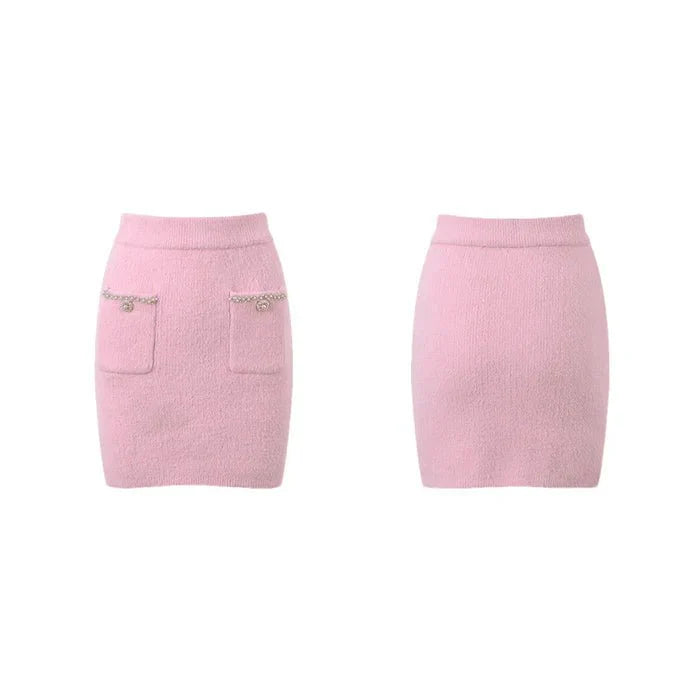 Annie Jacket & Skirt Set - Faux - Pearl Embellishment - Stretch - Jersey Fabric - Front Button Fastening - Two Front Welt Pockets
