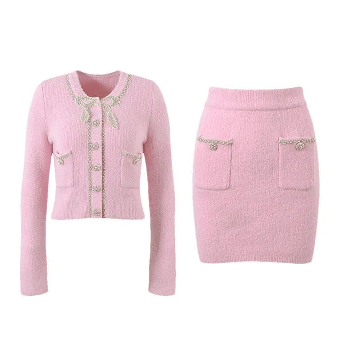Annie Jacket & Skirt Set - Faux - Pearl Embellishment - Stretch - Jersey Fabric - Front Button Fastening - Two Front Welt Pockets