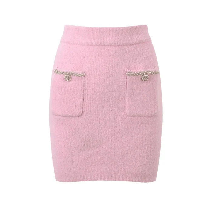 Annie Jacket & Skirt Set - Faux - Pearl Embellishment - Stretch - Jersey Fabric - Front Button Fastening - Two Front Welt Pockets