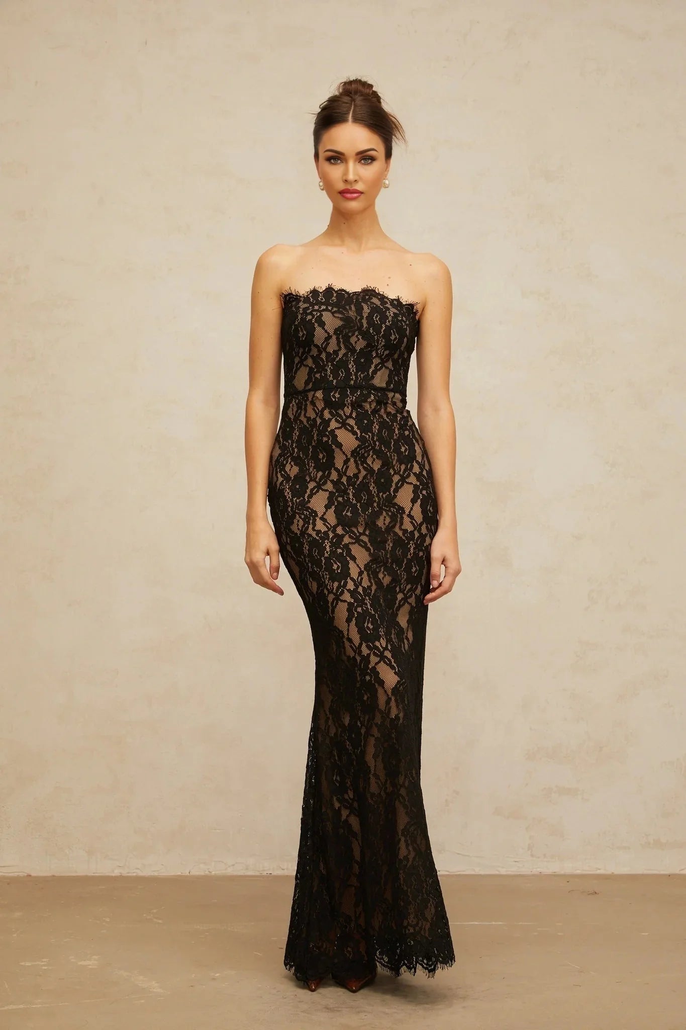 black off shoulder floral lace maxi dress OFF-SHOULDER FLORAL LACE COLUMN DRESS IN BLACK