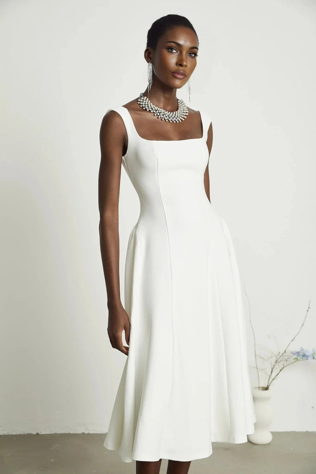 Annie Midi Dress - Square Neck - Sleeveless - Pleat Detailing - Waist Tightened Design - Flared Skirt