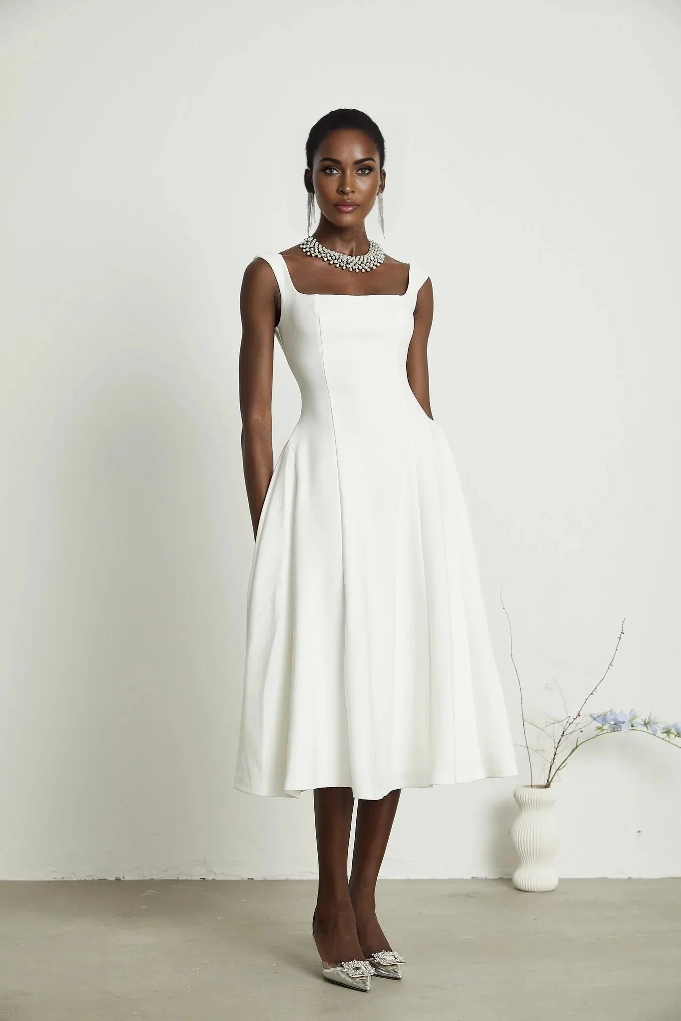 Annie Midi Dress - Square Neck - Sleeveless - Pleat Detailing - Waist Tightened Design - Flared Skirt