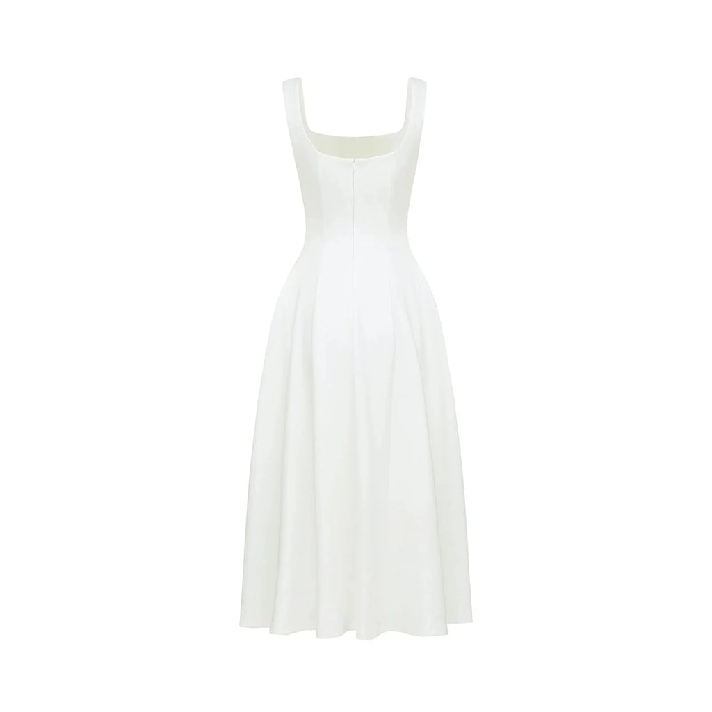 Annie Midi Dress - Square Neck - Sleeveless - Pleat Detailing - Waist Tightened Design - Flared Skirt