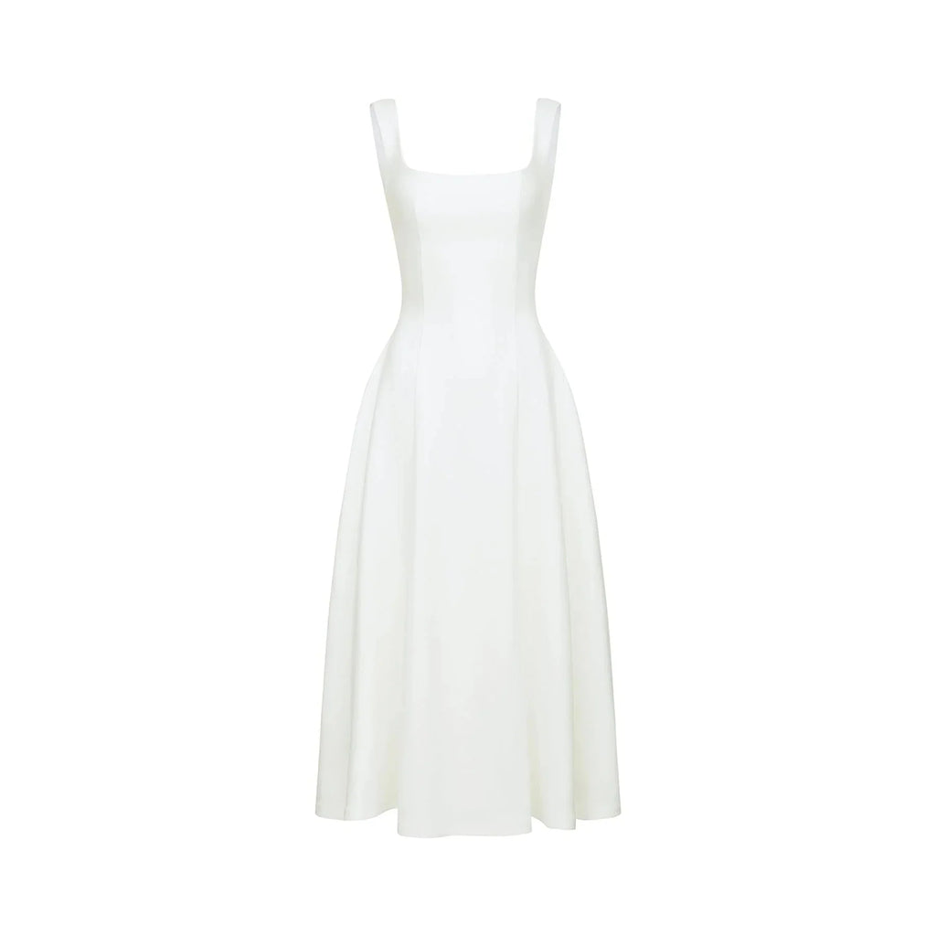 Annie Midi Dress - Square Neck - Sleeveless - Pleat Detailing - Waist Tightened Design - Flared Skirt