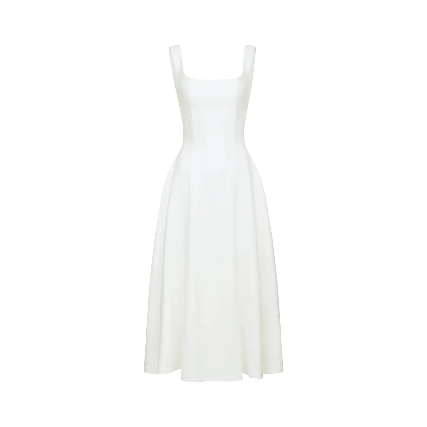 Annie Midi Dress - Square Neck - Sleeveless - Pleat Detailing - Waist Tightened Design - Flared Skirt