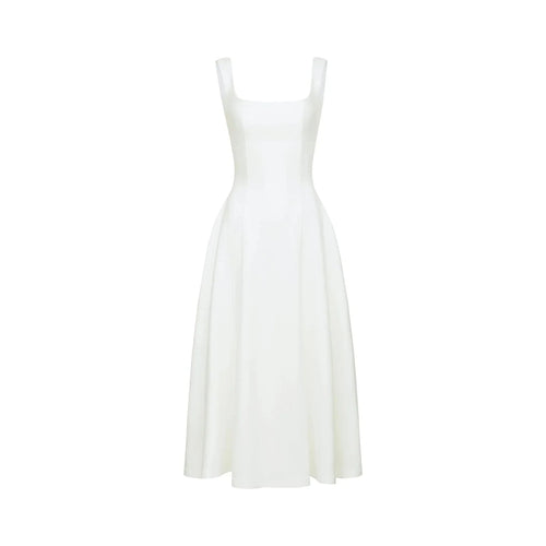 Annie Midi Dress - Square Neck - Sleeveless - Pleat Detailing - Waist Tightened Design - Flared Skirt