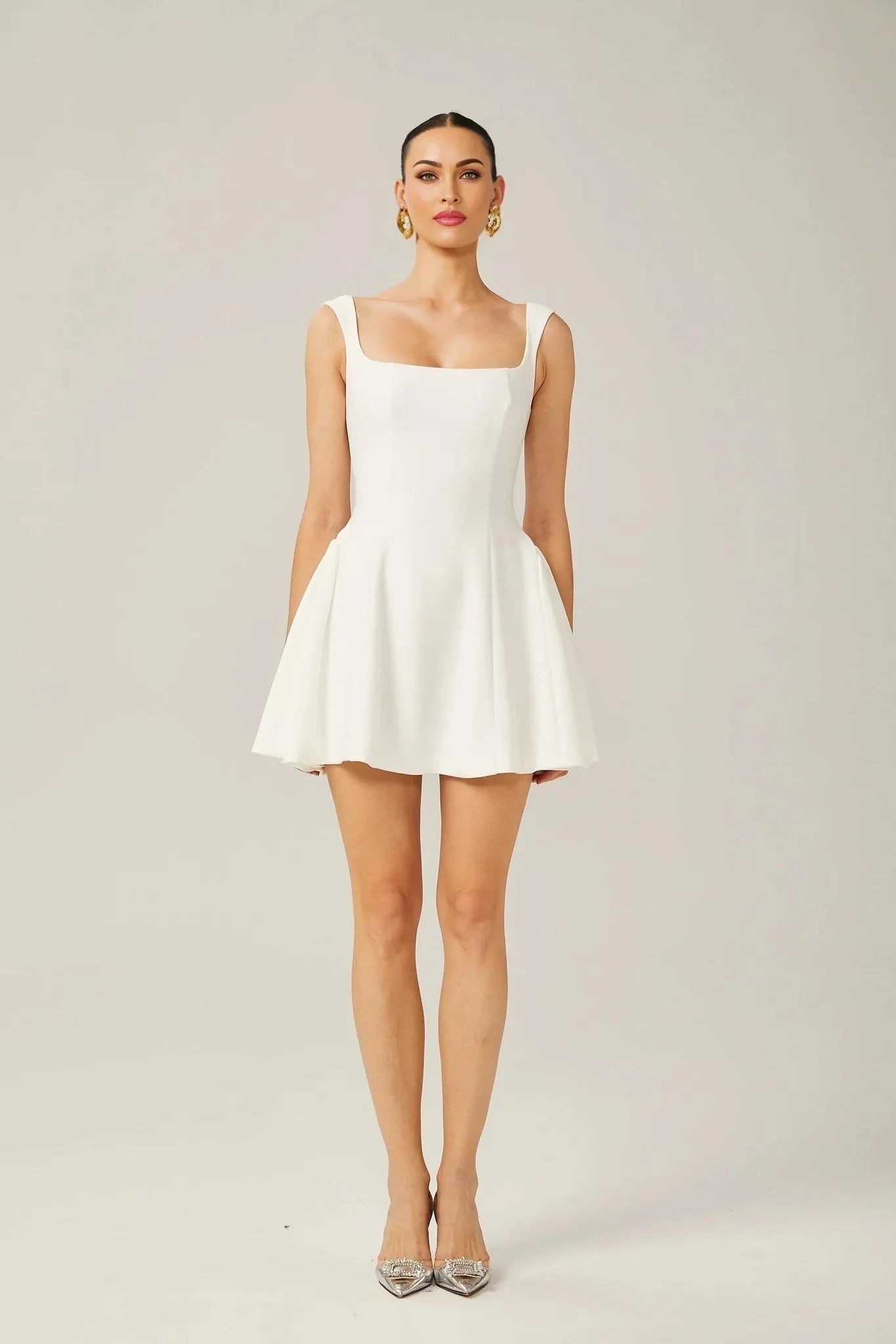 Annie Mini Dress - Sleeveless Square Neck - Wide Shoulder Straps - Pleated Flared Skirt - Rear Zip Fastening