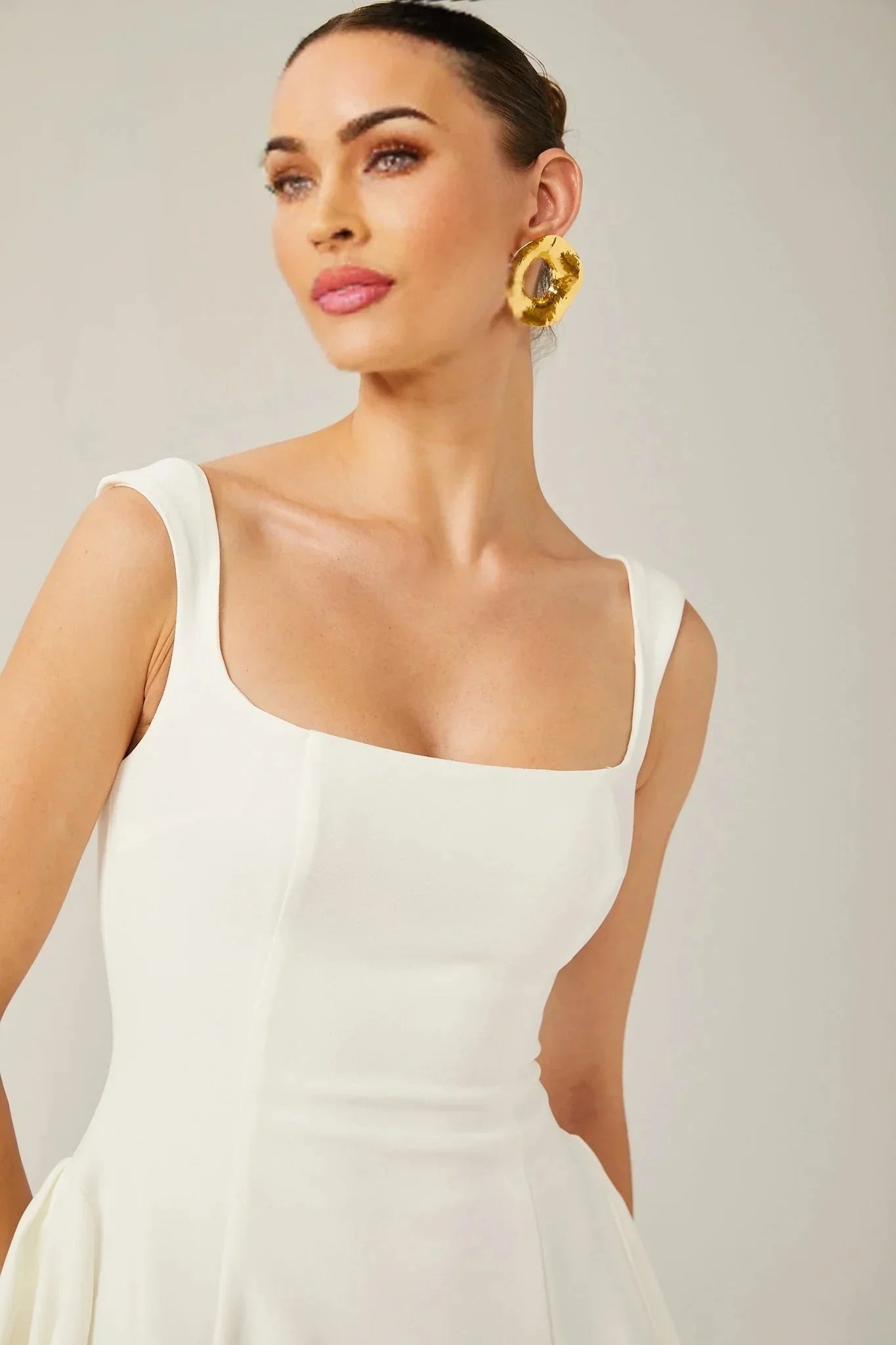 Annie Mini Dress - Sleeveless Square Neck - Wide Shoulder Straps - Pleated Flared Skirt - Rear Zip Fastening