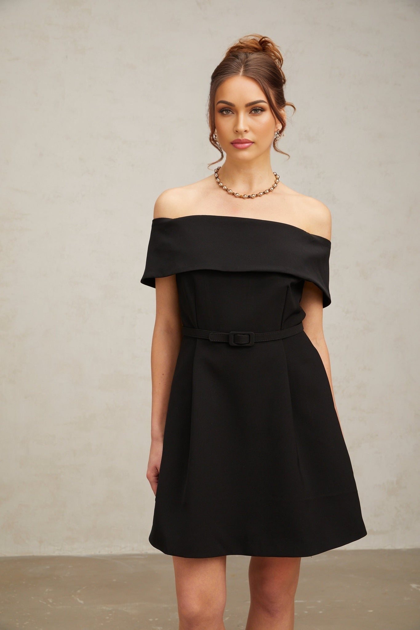 Annie Off the Shoulder Mini Dress - Belted Waist - Side Slit Pockets - Flared Skirt - Rear Zip Fastening