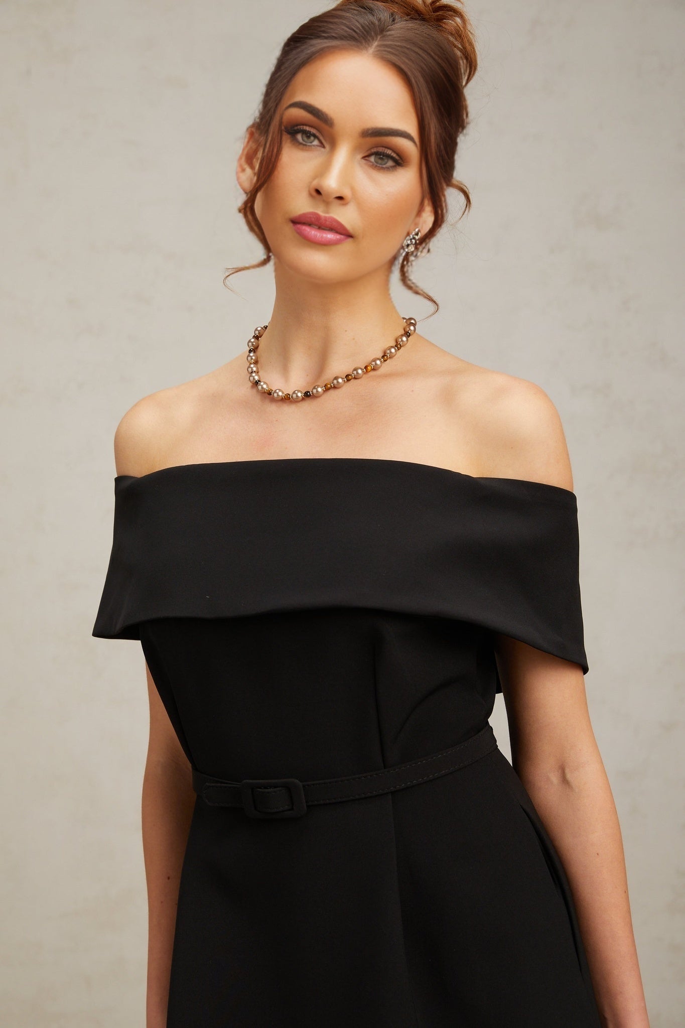 Annie Off the Shoulder Mini Dress - Belted Waist - Side Slit Pockets - Flared Skirt - Rear Zip Fastening