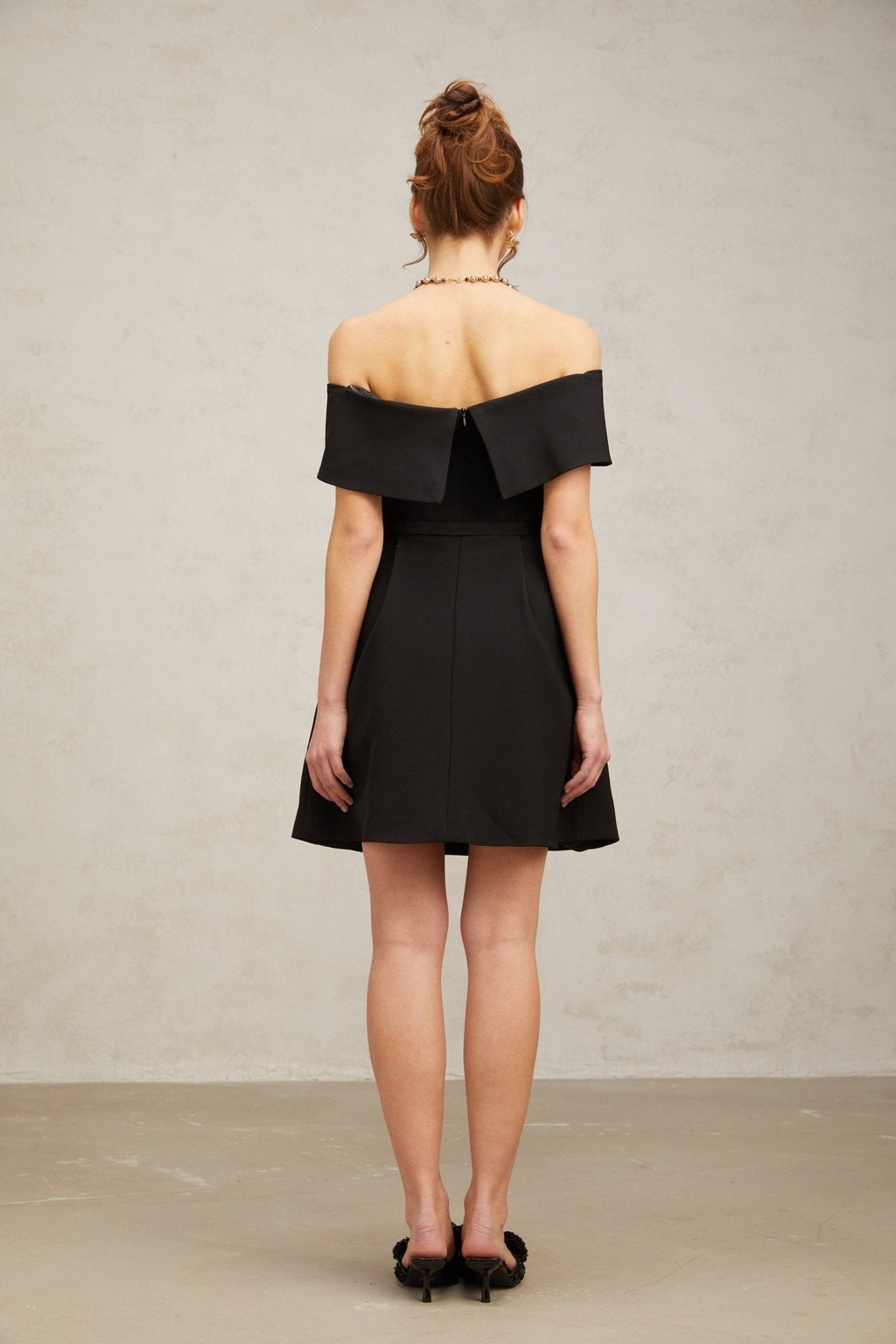 Annie Off the Shoulder Mini Dress - Belted Waist - Side Slit Pockets - Flared Skirt - Rear Zip Fastening