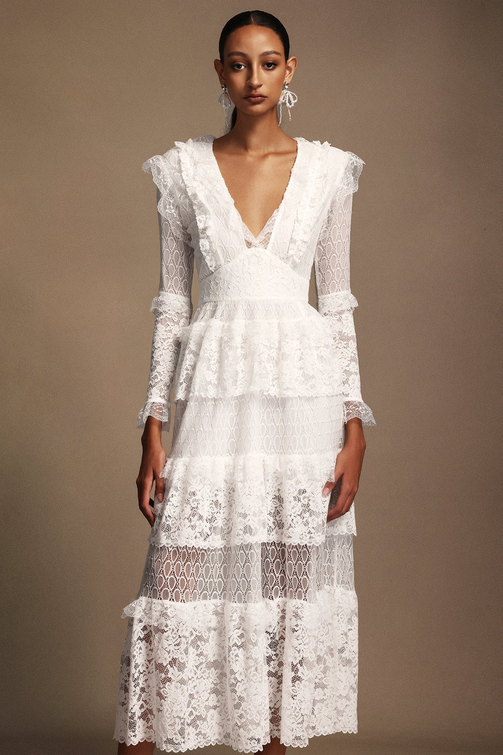 Annie White Lace Layered V-Neck Long Sleeve Midi Dress for Special Occasions