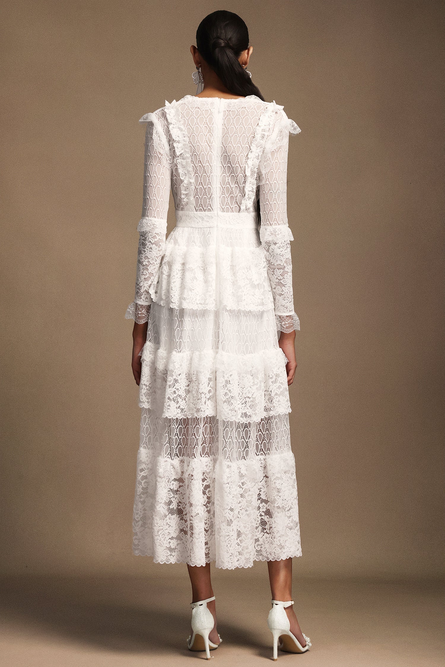 Annie White Lace Layered V-Neck Long Sleeve Midi Dress for Special Occasions