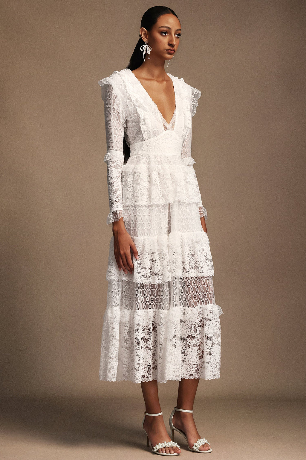 Annie White Lace Layered V-Neck Long Sleeve Midi Dress for Special Occasions