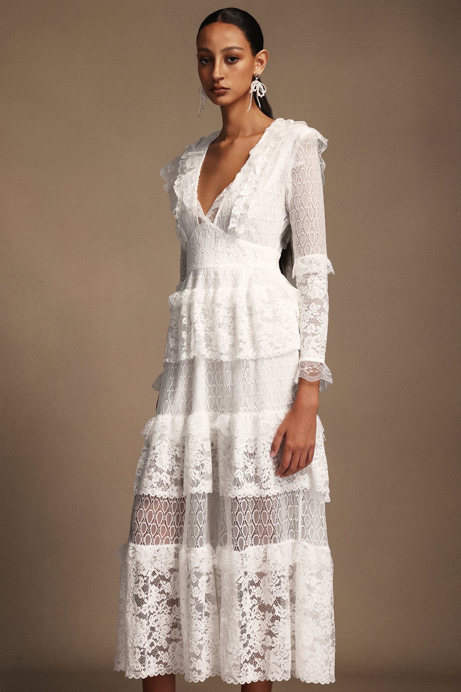 Annie White Lace Layered V-Neckline Long Sleeve Midi Dress for Special Occasions