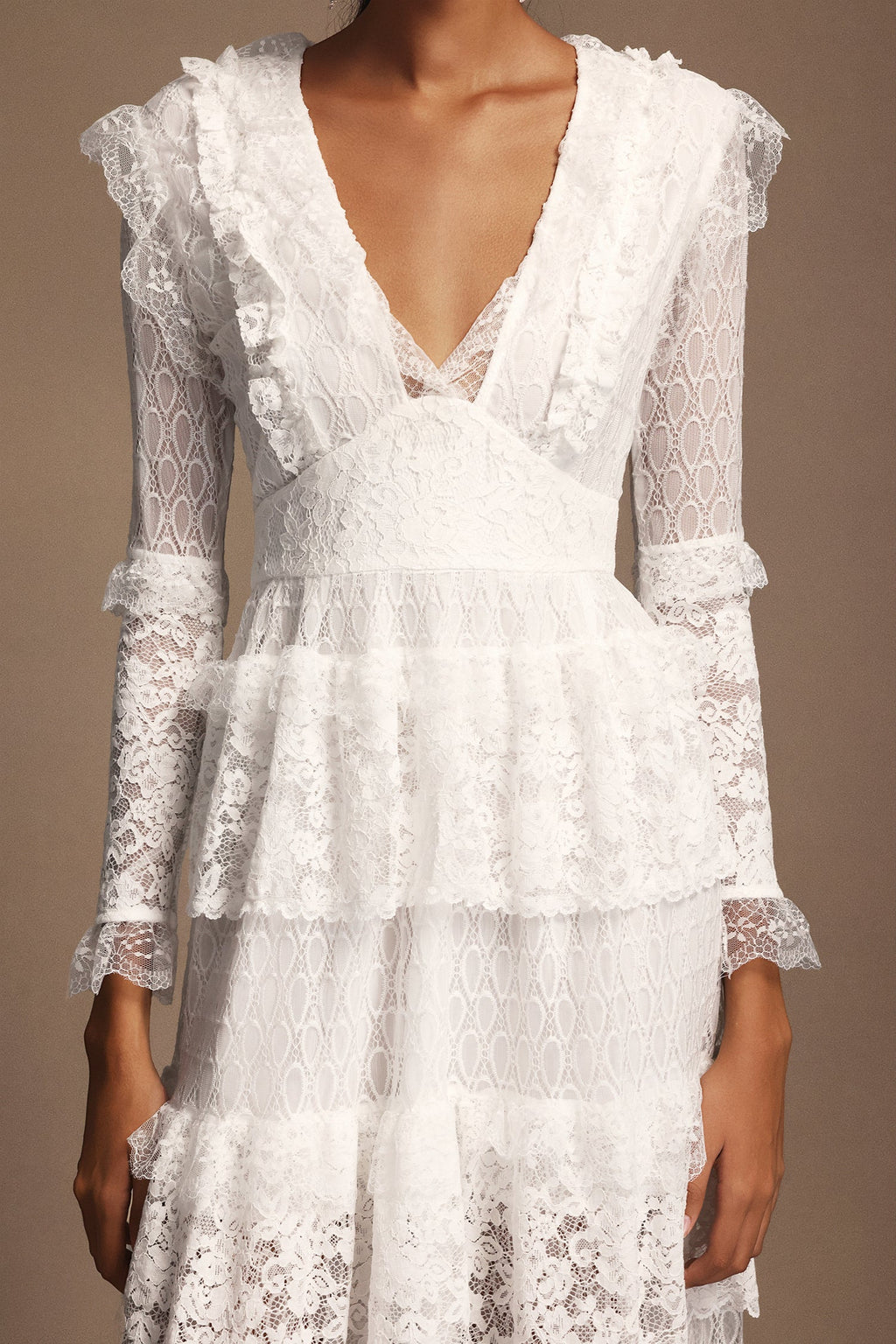 Annie White Lace Layered V-Neckline Long Sleeve Midi Dress
