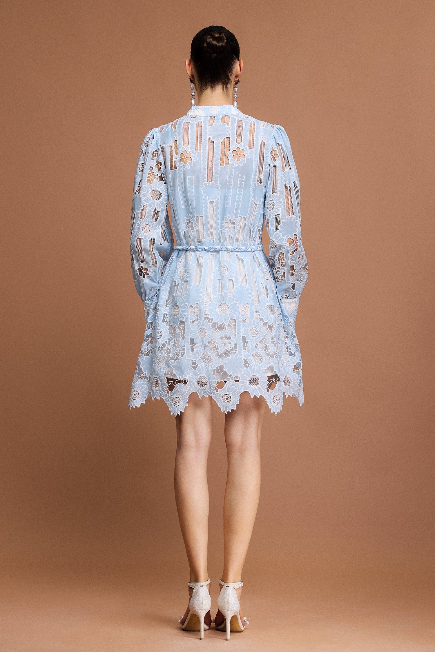 Annunziata Blue Floral Lace Button-Up Mini Dress with Sheer Long Sleeves and Cinched Waist