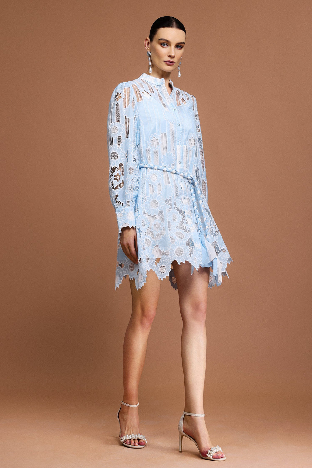 Annunziata Blue Lace Mini Dress with Sheer Sleeves and Tie Belt