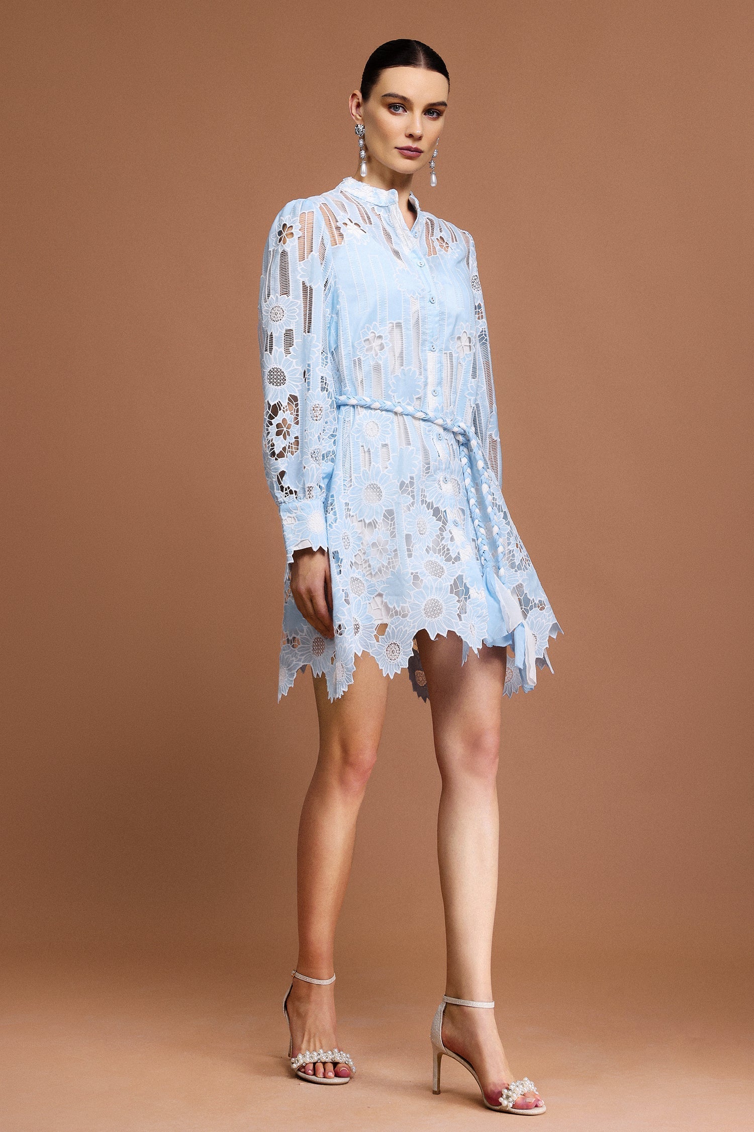 Annunziata Blue Lace Mini Dress with Sheer Sleeves and Tie Belt