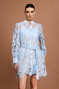 Annunziata Blue Lace Button-Up Mini Dress with Sheer Sleeves and Cinched Waist