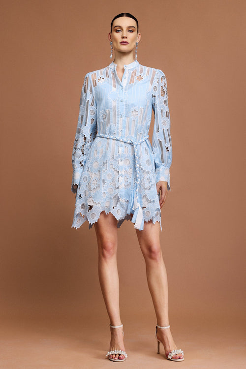 Annunziata Blue Lace Mini Dress with Sheer Sleeves and Tie Belt