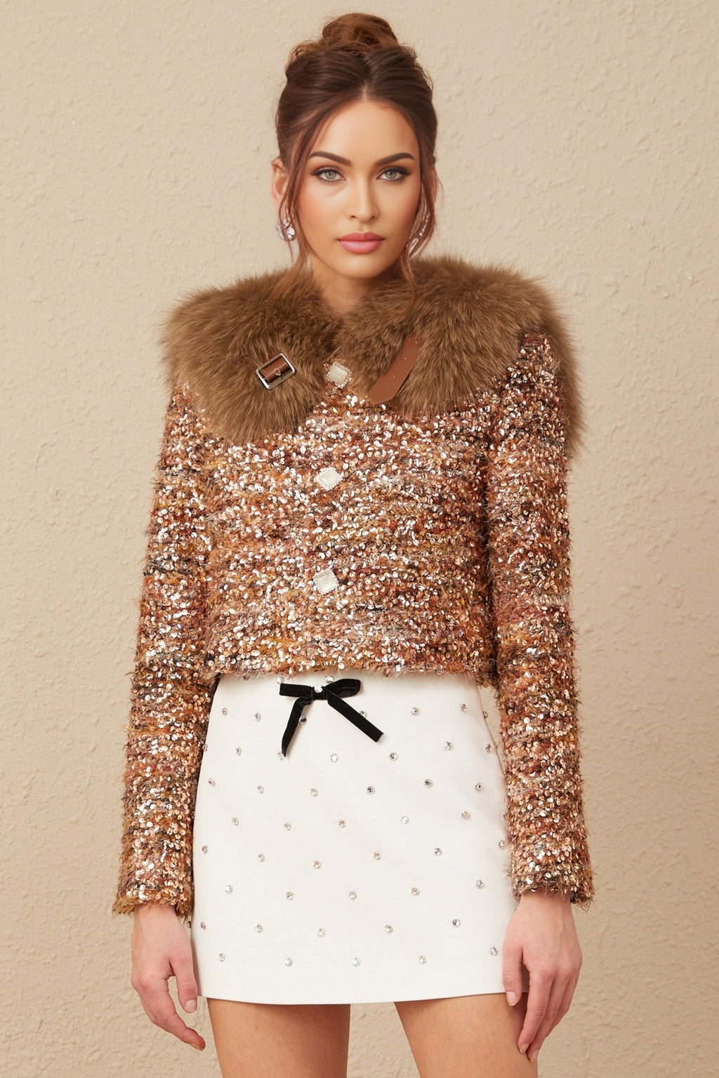 Annunziata Jacket - Oversized Collar - Fox - Fur Sequin Detailing - Panelled Design - Front Button Fastening