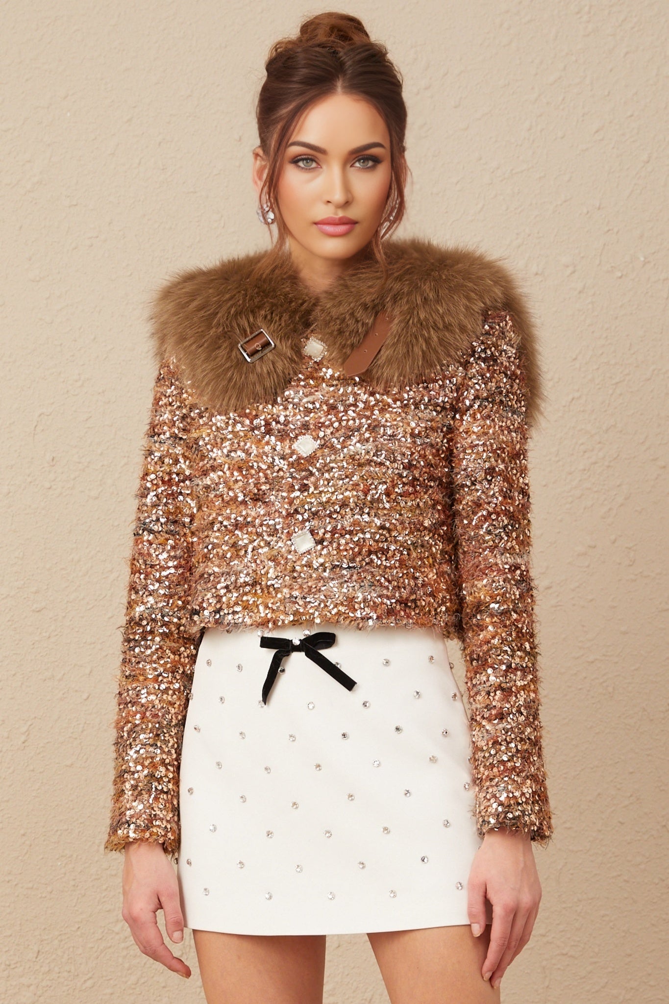 Annunziata Jacket - Oversized Collar - Fox - Fur Sequin Detailing - Panelled Design - Front Button Fastening