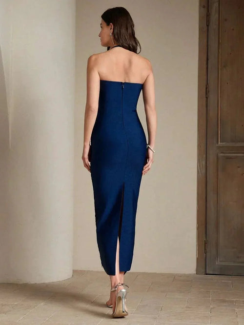 Annunziata Midi Dress - Halter Neckline - Pencil Hem - Natural Waist - Elegant Style