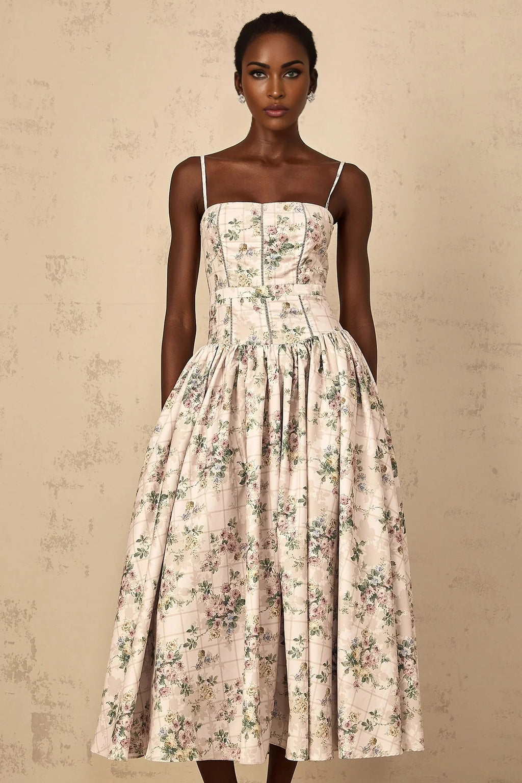 Annunziata Midi Dress Neutral Floral Print Adjustable Straps & Cinched Waist