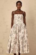 Annunziata Midi Dress Neutral Floral Print Adjustable Straps & Cinched Waist