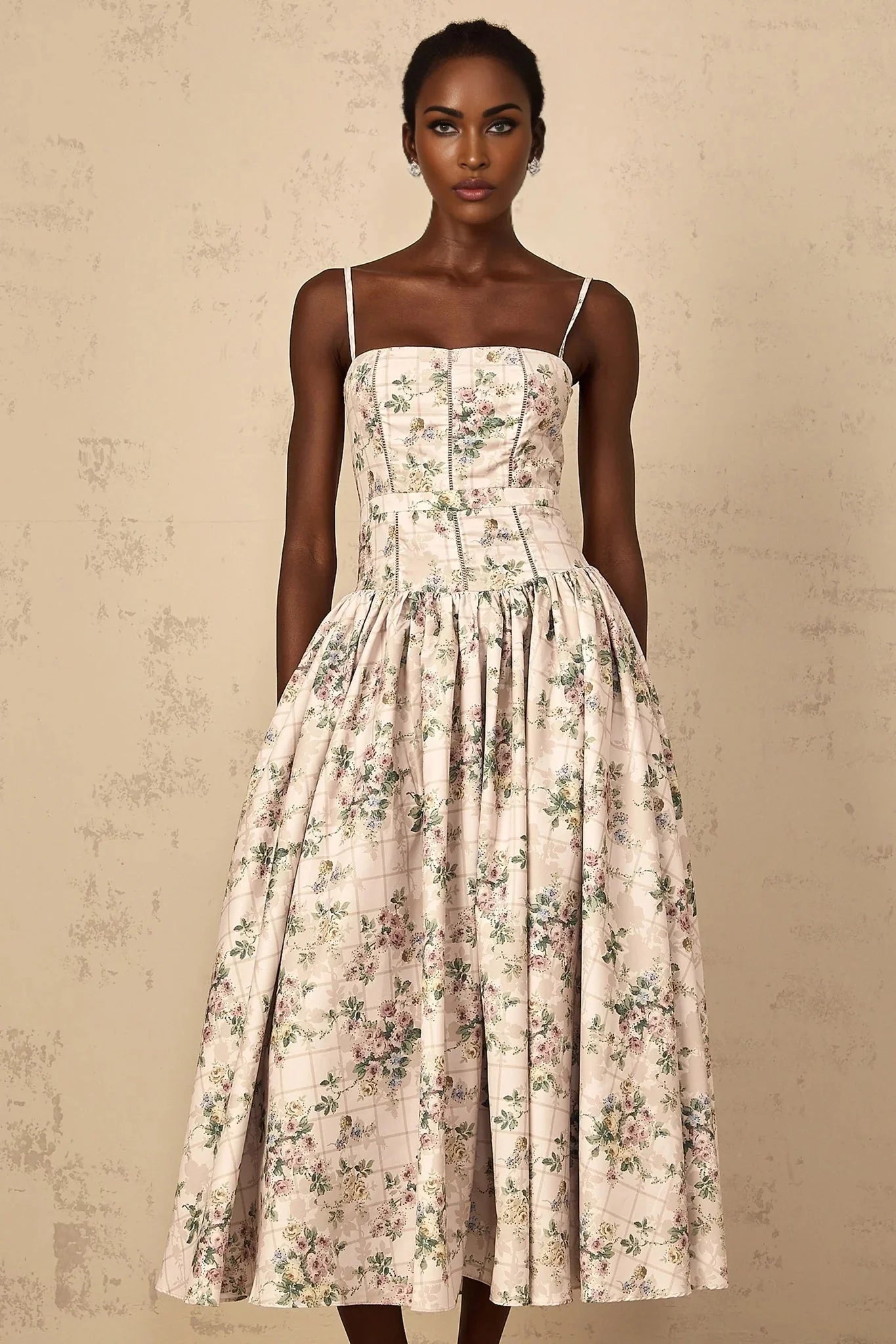 Annunziata Midi Dress Neutral Floral Print Adjustable Straps & Cinched Waist