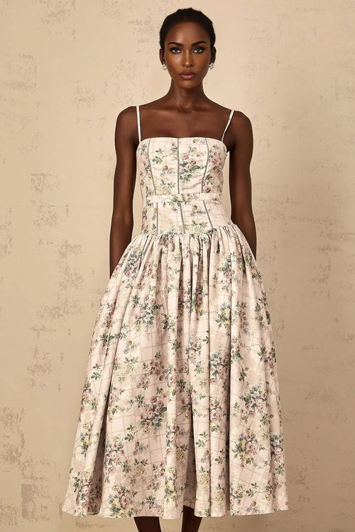 Annunziata Midi Dress Neutral Floral Print Adjustable Straps & Cinched Waist