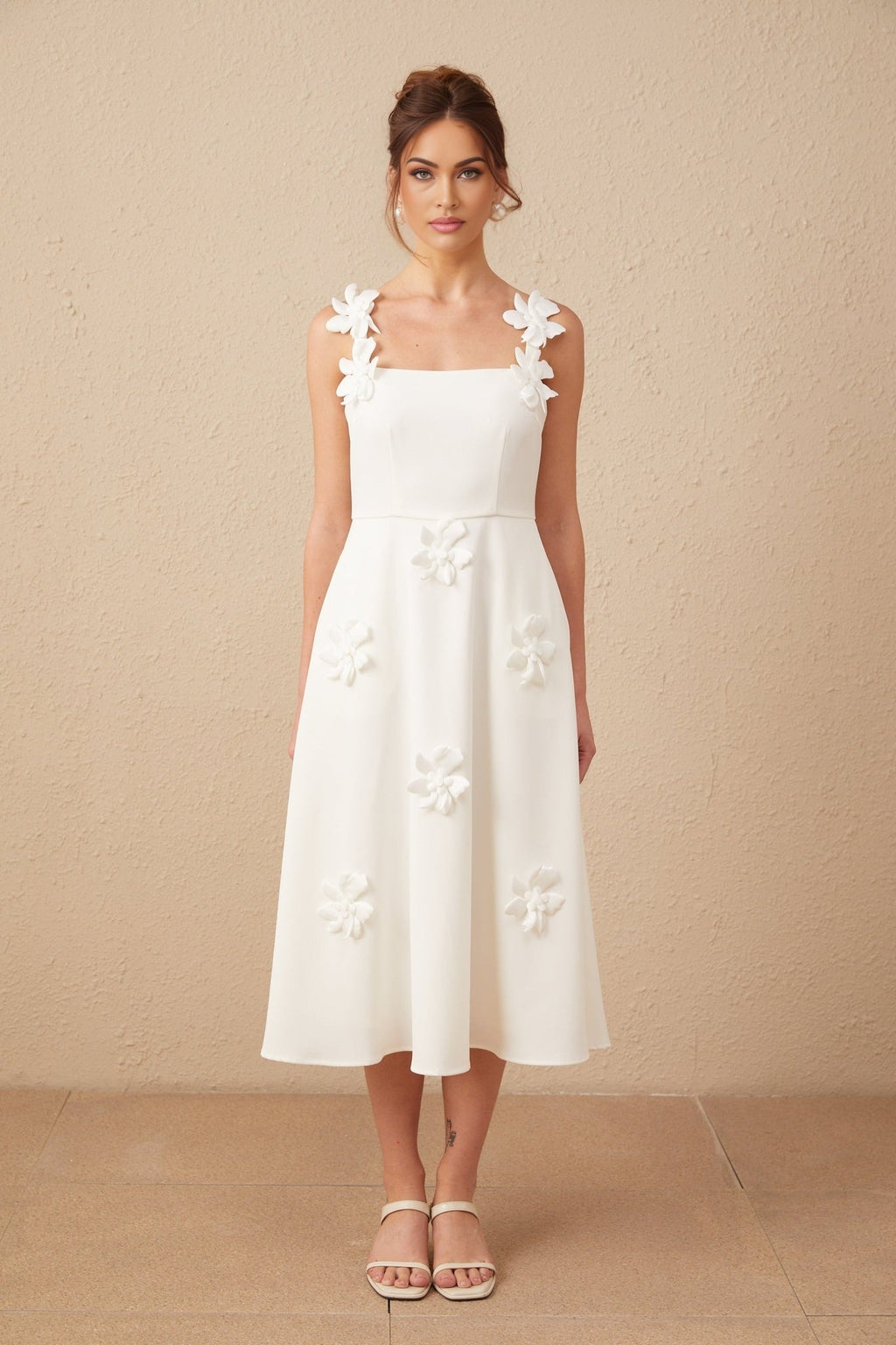 Annunziata Midi Dress - Sleeveless Square Neck Design - Faux Flower Pattern - Rear Zip Fastening - Partially Lined