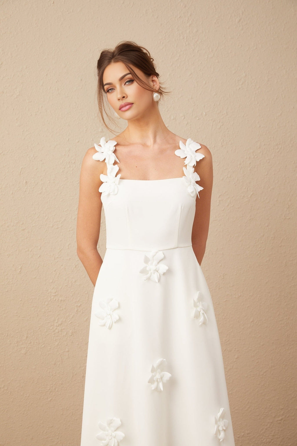 Annunziata Midi Dress - Sleeveless Square Neck Design - Faux Flower Pattern - Rear Zip Fastening - Partially Lined