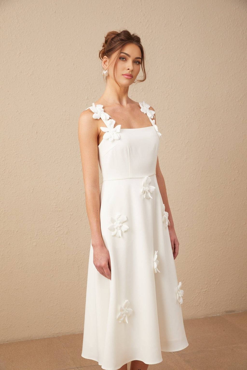 Annunziata Midi Dress - Sleeveless Square Neck Design - Faux Flower Pattern - Rear Zip Fastening - Partially Lined