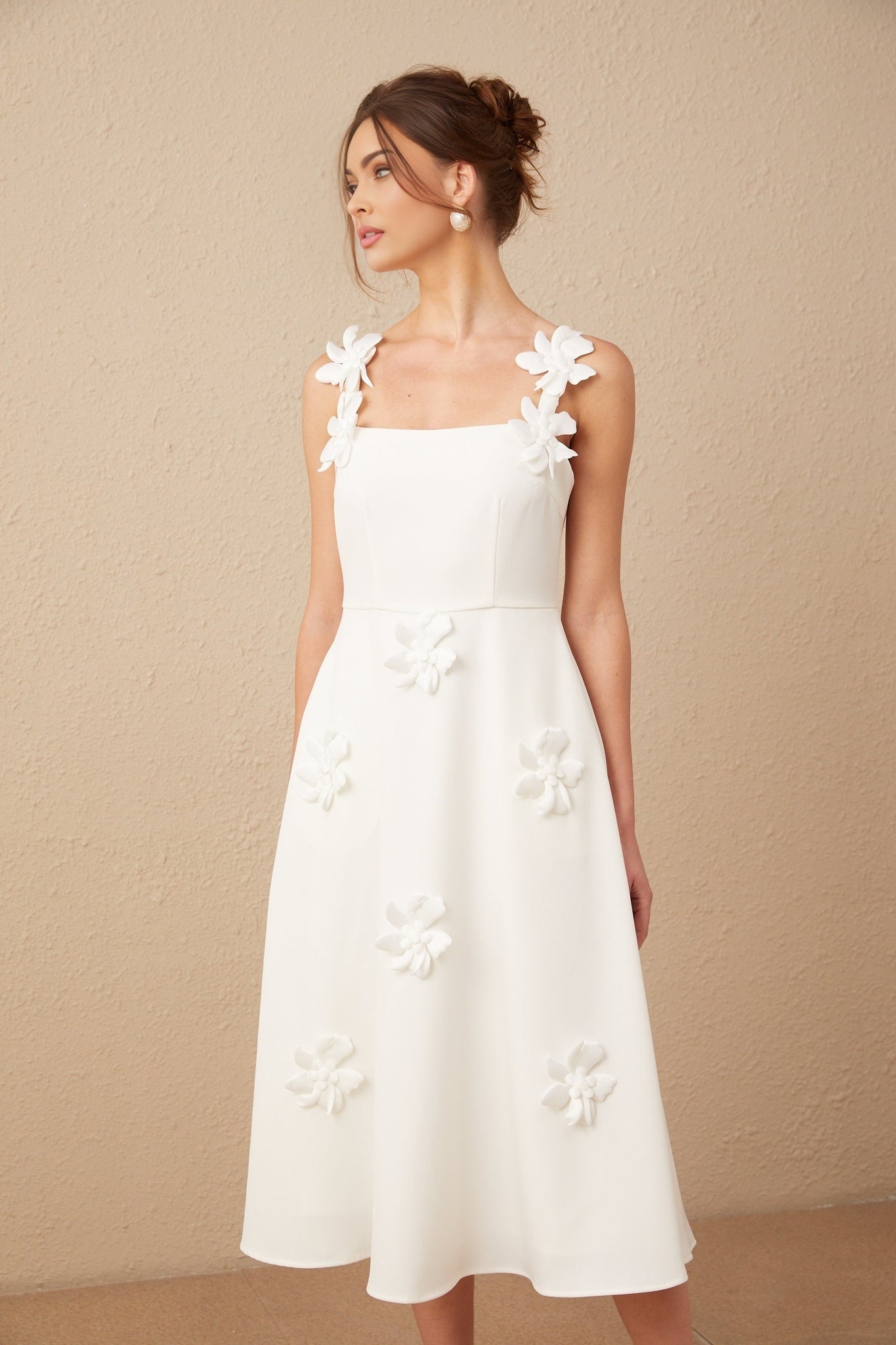Annunziata Midi Dress - Sleeveless Square Neck Design - Faux Flower Pattern - Rear Zip Fastening - Partially Lined