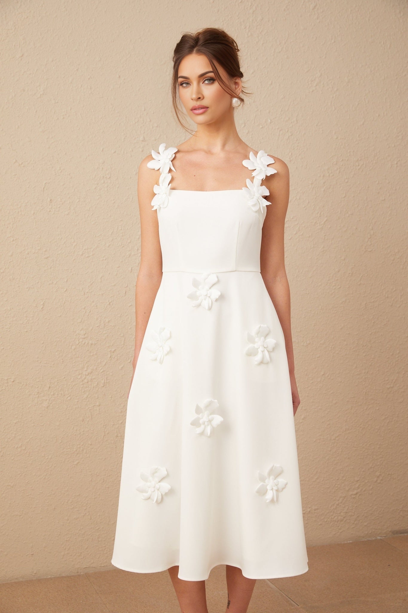 Annunziata Midi Dress - Sleeveless Square Neck Design - Faux Flower Pattern - Rear Zip Fastening - Partially Lined
