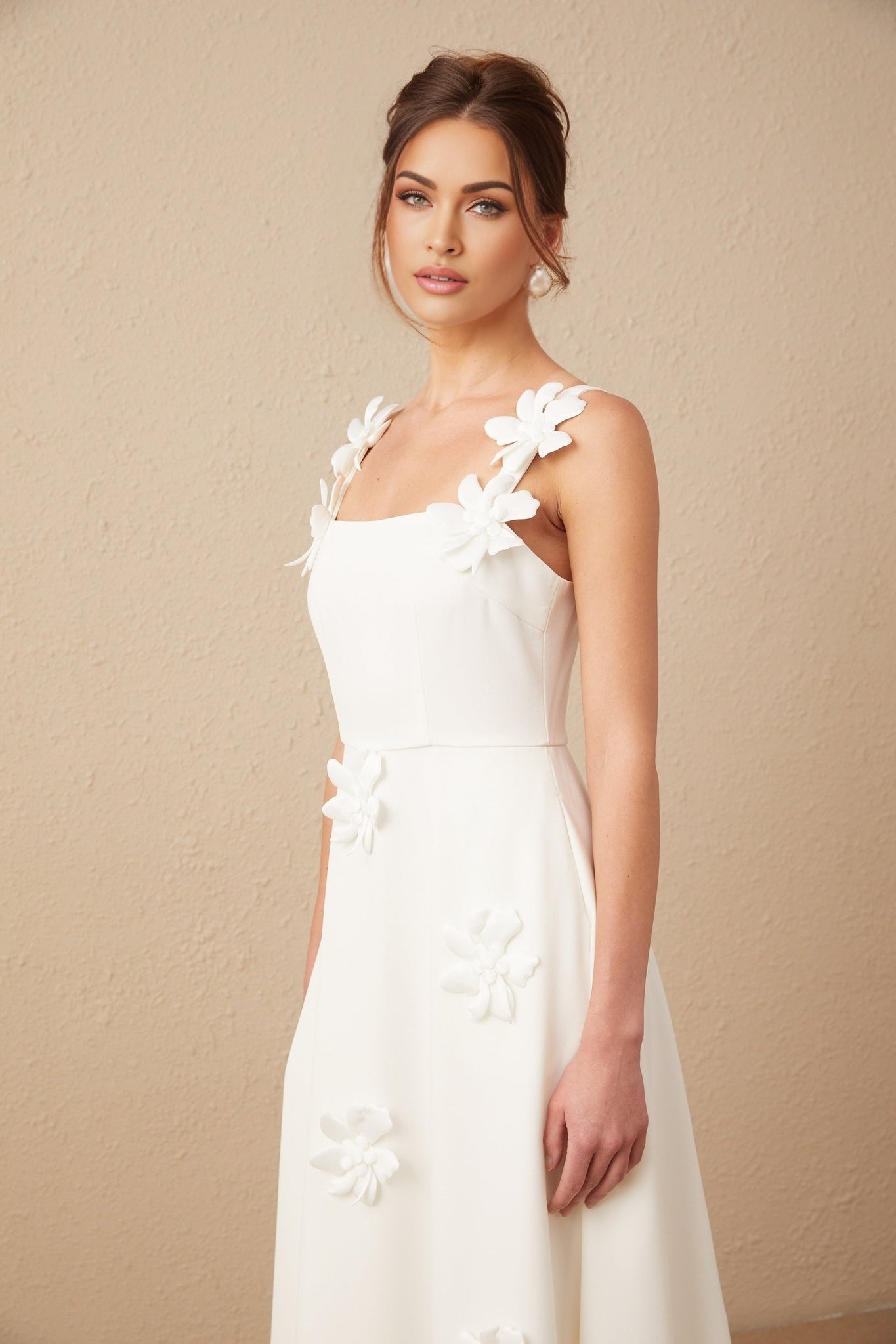 Annunziata Midi Dress - Sleeveless Square Neck Design - Faux Flower Pattern - Rear Zip Fastening - Partially Lined
