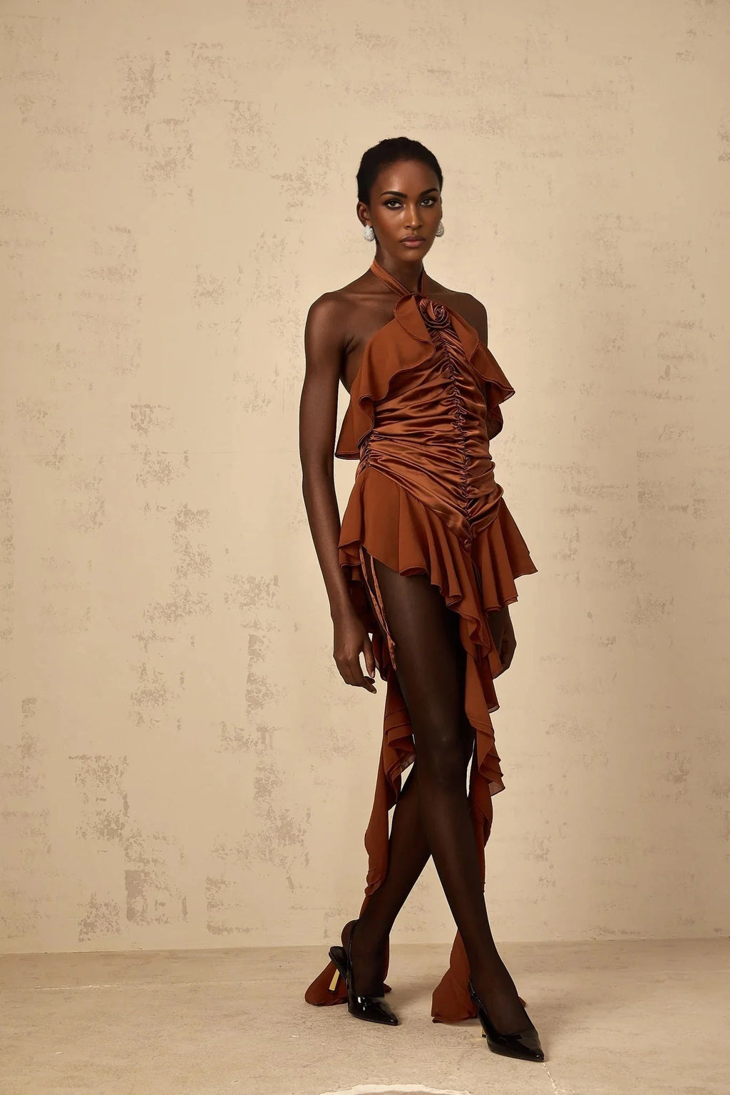 Annunziata Mini Dress Brown Floral Ruched Halter - neck & Applique