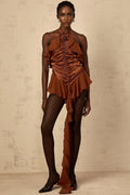 Annunziata Mini Dress Brown Floral Ruched Halter - neck & Applique