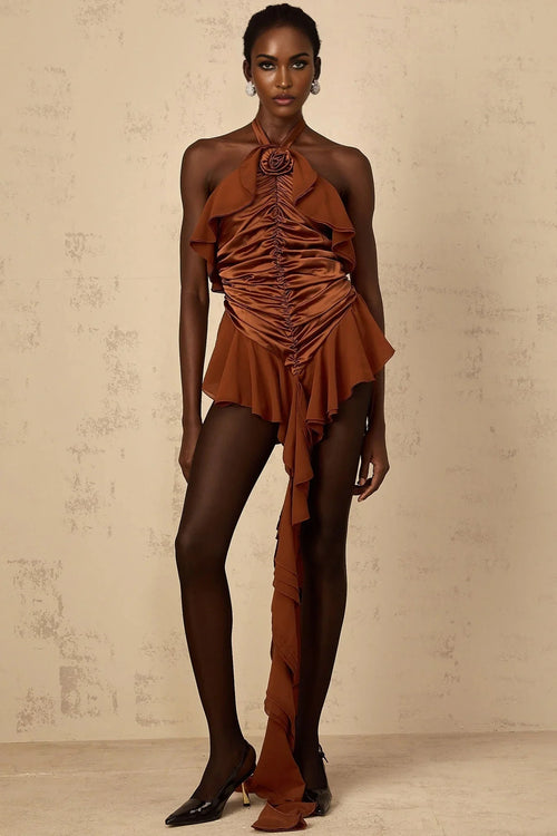 Annunziata Mini Dress Brown Floral Ruched Halter - neck & Applique