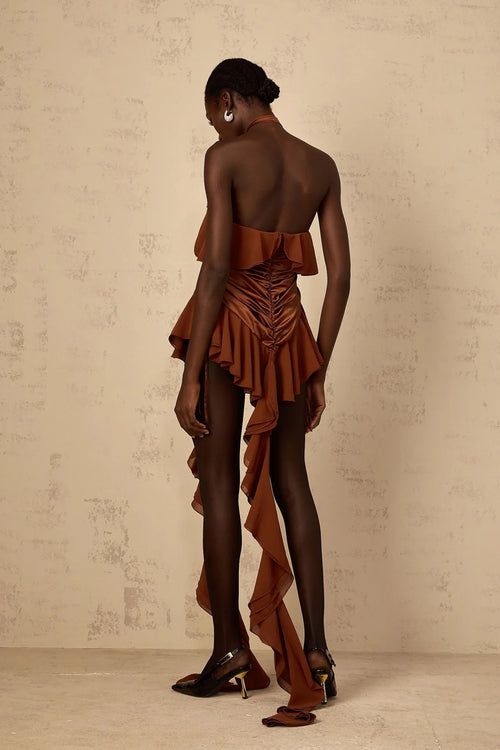 Annunziata Mini Dress Brown Floral Ruched Halter - neck & Applique