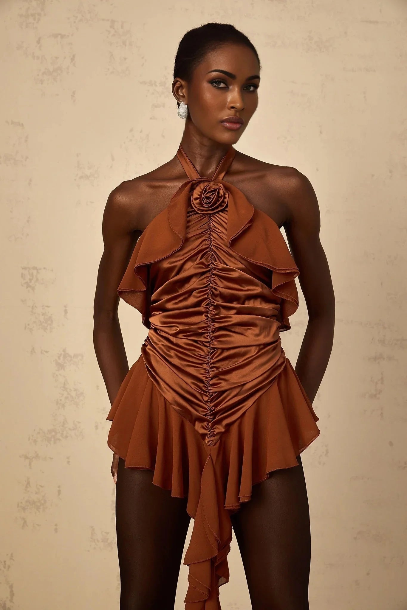 Annunziata Mini Dress Brown Floral Ruched Halter - neck & Applique