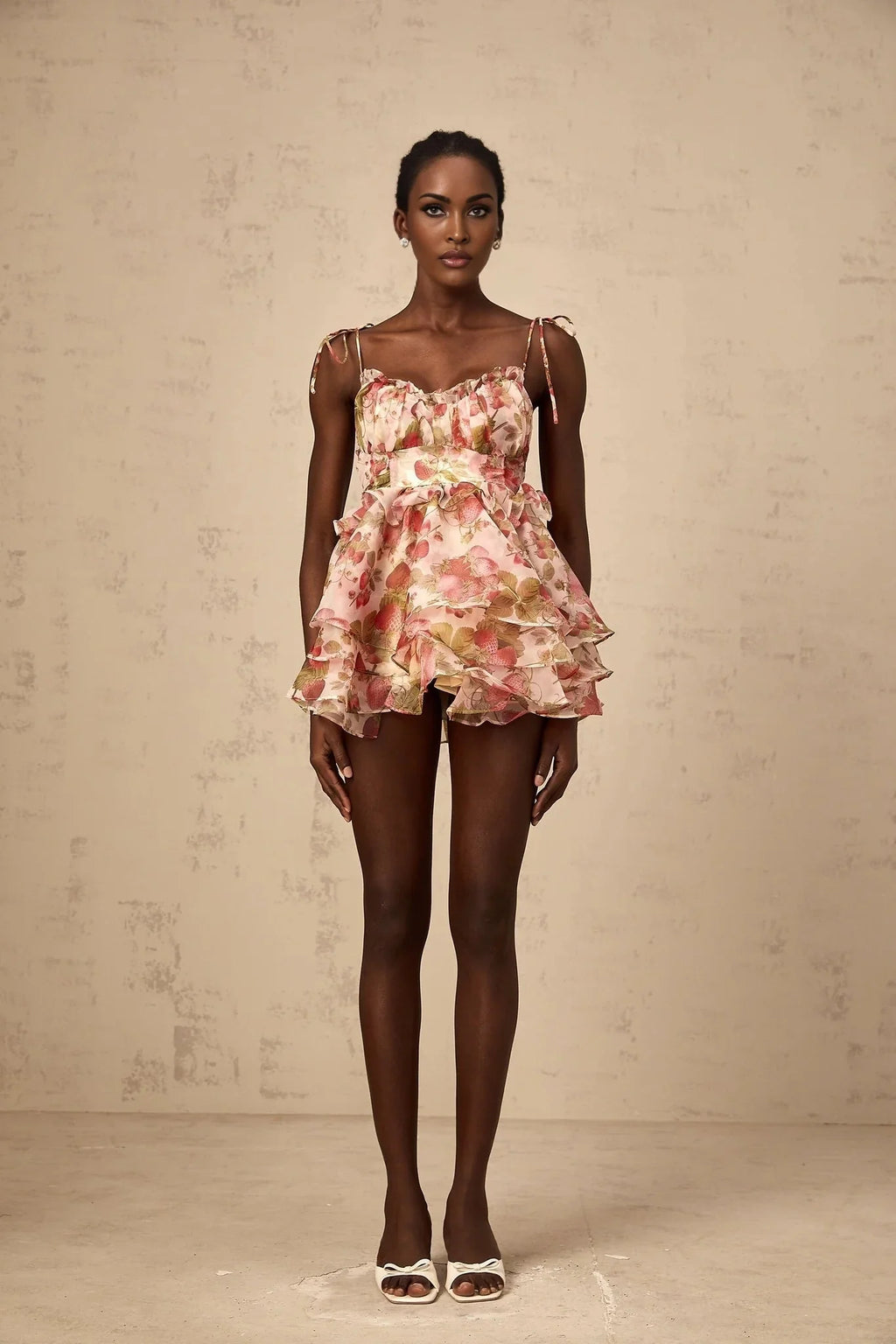 Antonella Mini Dress Strawberry - Print Tiered Flounce & Lace - Up