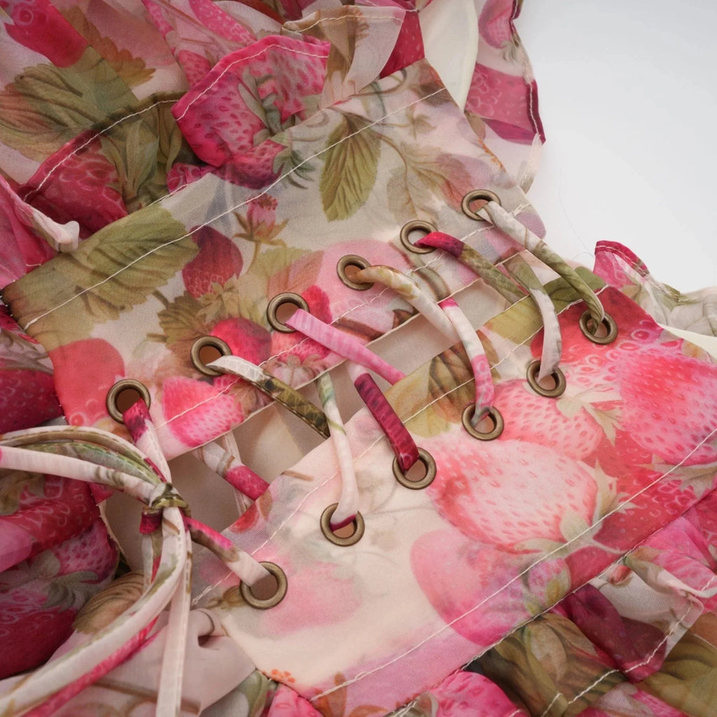 Antonella Mini Dress Strawberry - Print Tiered Flounce & Lace - Up