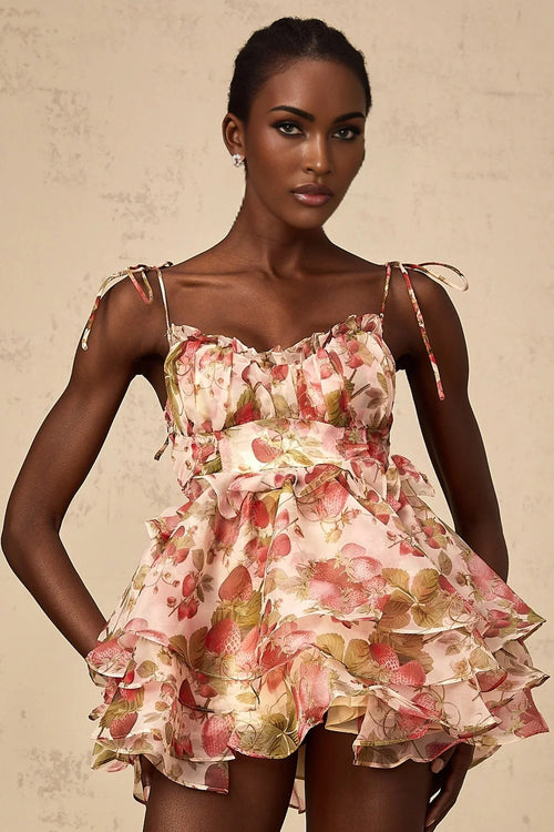 Antonella Mini Dress Strawberry - Print Tiered Flounce & Lace - Up