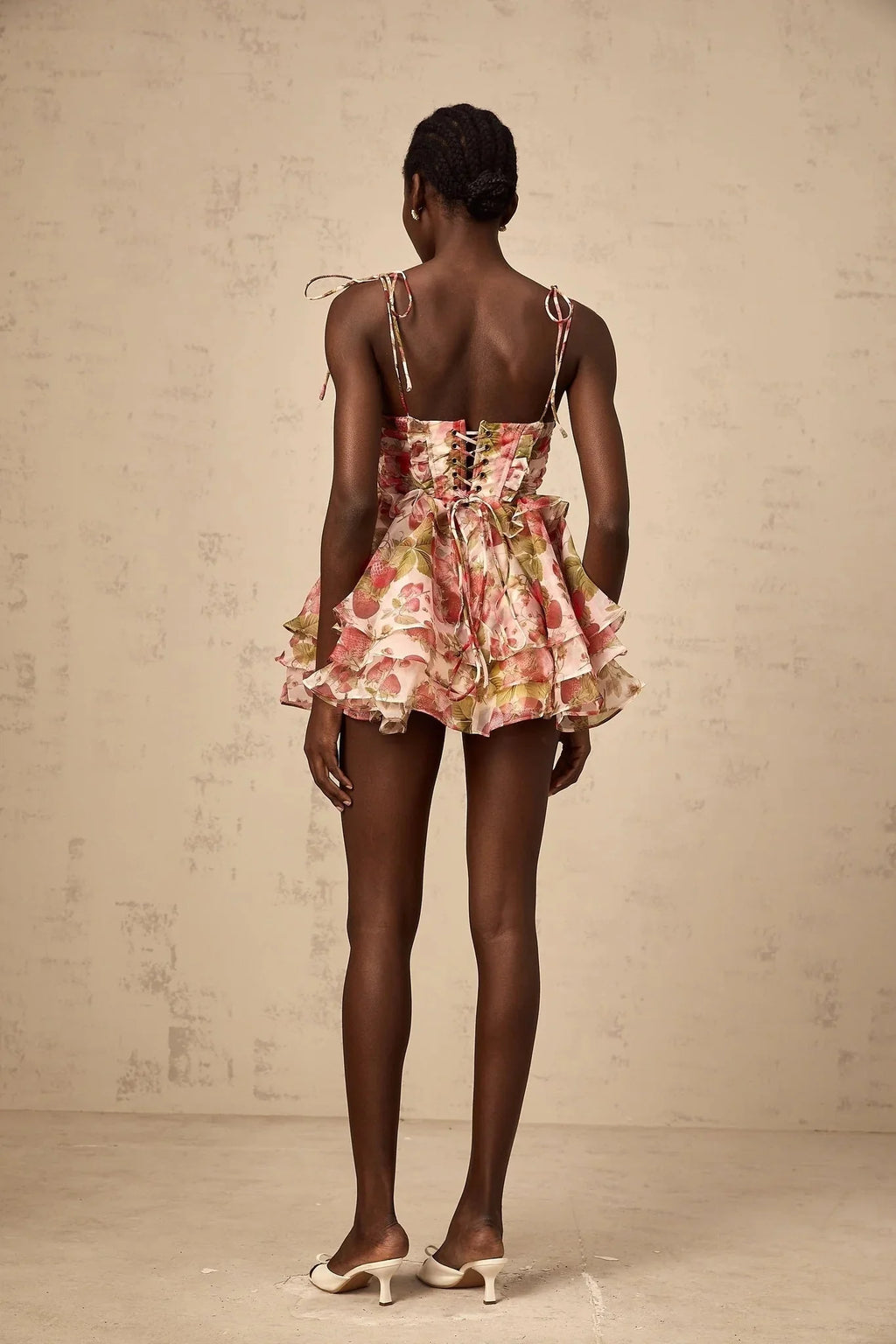 Antonella Mini Dress Strawberry - Print Tiered Flounce & Lace - Up
