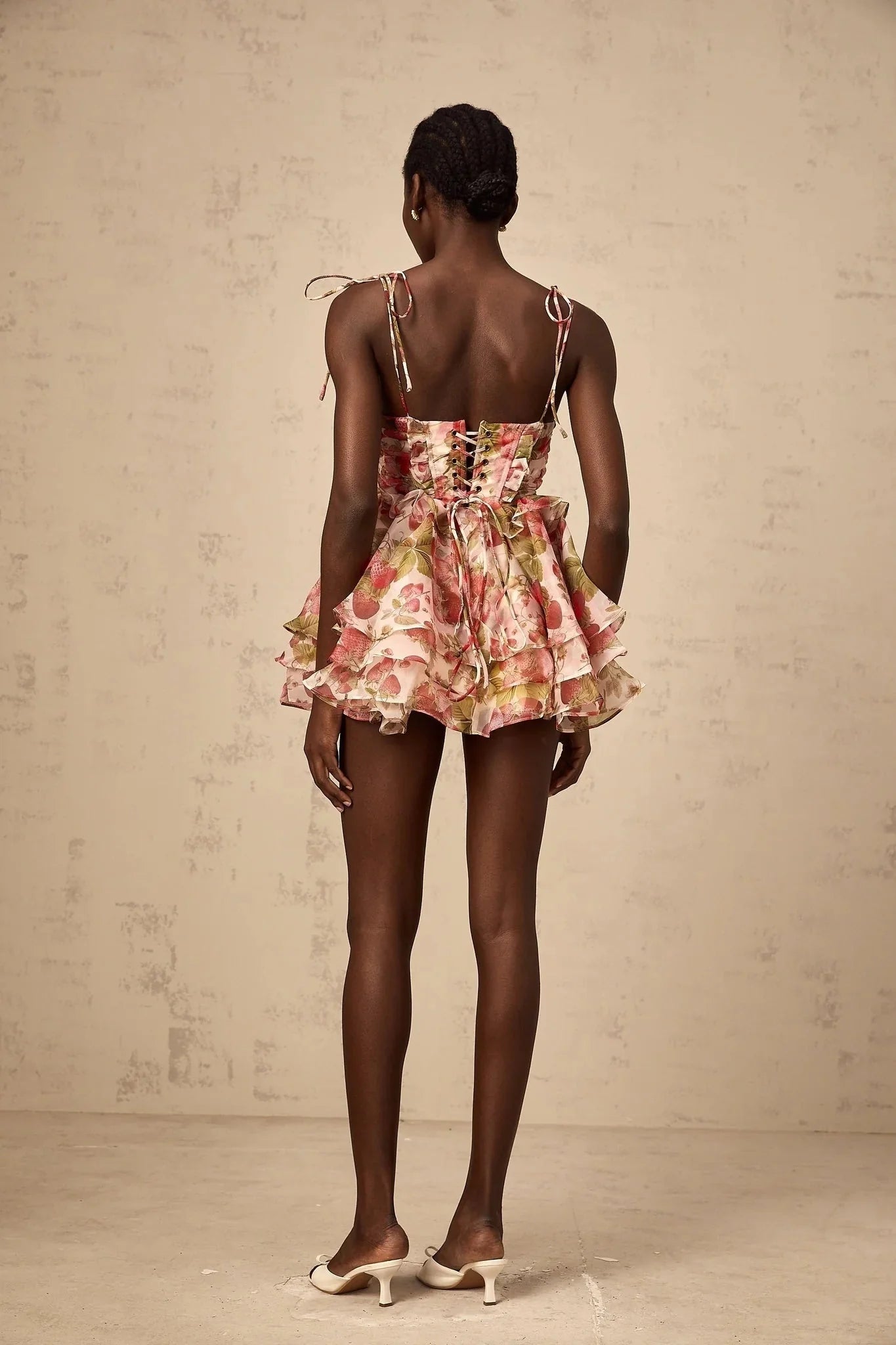 Antonella Mini Dress Strawberry - Print Tiered Flounce & Lace - Up
