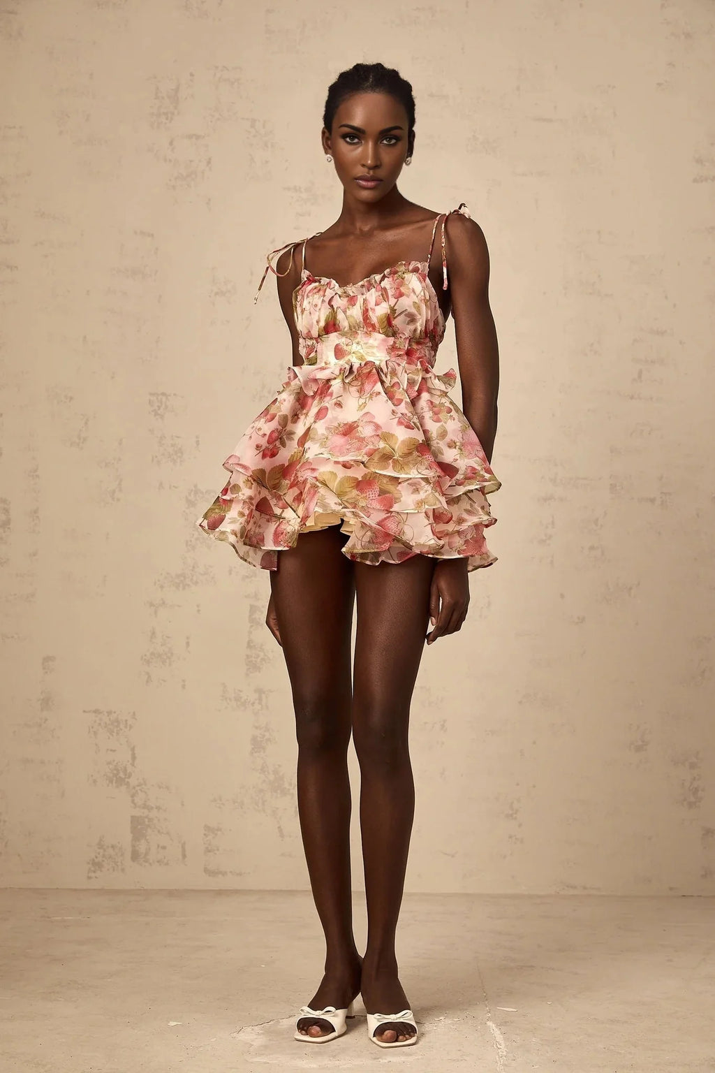 Antonella Mini Dress Strawberry - Print Tiered Flounce & Lace - Up